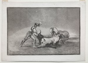 La Tauramaquia: En spansk riddare dödar tjuren efter att ha förlorat sin häst, 1815-1816. av Francisco de Goya