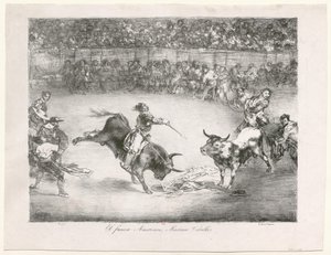[Les Taureaux de Bordeaux: Den berömde amerikanen Mariano Ceballos] av Francisco de Goya