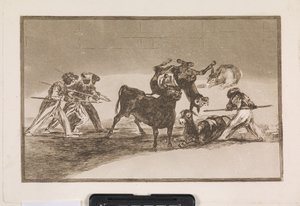 Morerna använder åsnor som en barriär för att försvara sig mot tjuren, vars horn har försetts med kulor av Francisco de Goya