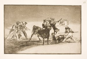 Morerna använder åsnor som en barriär för att försvara sig mot tjuren, vars horn har försetts med kulor av Francisco de Goya