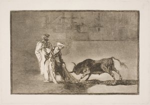 Morerna på arenan går långt för att locka till sig tjuren med hjälp av sin burnus av Francisco de Goya