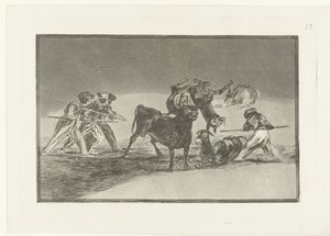 Morer och åsnor slåss mot en tjur Palenque de los Moros hecho con burros para defenderse del toro embolado La Tauromaquia (serietitel) Tjurfäktning (serietitel) av Francisco de Goya