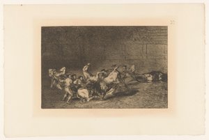 Picador steekt een lans in en stier Två grupper av picadorer körs över i rad av en enda tjur Stierengevechten (serietitel) La Taureamachie (serietitel) Tjurfäktning (serietitel) av Francisco de Goya
