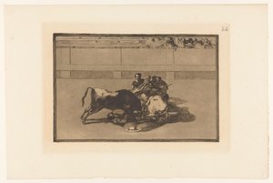 Picador ramlade av sin häst Caida de un picador de su caballo debajo del toro Tjurfäktningar (serietitel) La Taureaumachie (serietitel) La Tauromaquia (serietitel) av Francisco de Goya