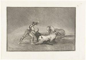 Spanse rider doody på stier En spansk riddare dödar en tjur efter att ha förlorat sin häst Stierenvechten (serietitel) Tjurfäktning (serietitel) av Francisco de Goya