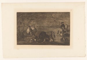 Tjur attackerad av hundar Les chiens laughés sur le taureau Tjurfäktning (serietitel) La Taureaumachie (serietitel) La Tauromaquia (serietitel) av Francisco de Goya