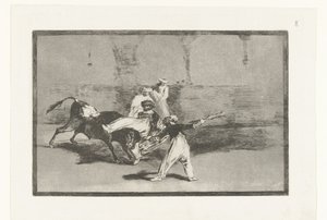 Oxen grips av tjurfäktare Cogida de un Moro estando en la plaza Tjurfäktning (serietitel) La Tauromaquia (serietitel) av Francisco de Goya