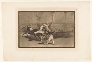 Oxen grips av tjurfäktare Cogida de un Moro estando en la plaza Tjurfäktningar (serietitel) La Taureaumachie (serietitel) La Tauromaquia (serietitel) av Francisco de Goya