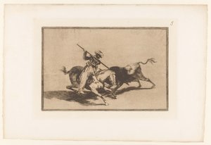 Stierenjacht te paard Den modiga Moor Gazul är den första att skjuta upp tjurar i ordning Stierengevechten (serietitel) La Taureaumachie (serietitel) Tjurfäktning (serietitel) av Francisco de Goya