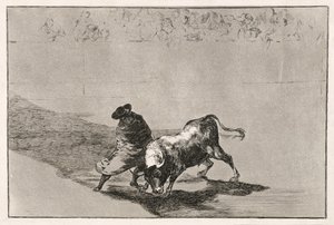 Falkens smarte elev gör tjuren rasande genom att röra sig inlindad i sin mantel, 1814-16 av Francisco de Goya