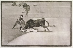 Den olyckliga döden av Pepe Hillo (Jose Delgado) i ringen i Madrid den 11 maj 1801, skylt 33 av "The Art of Bullfighting", pub. 1816 av Francisco de Goya