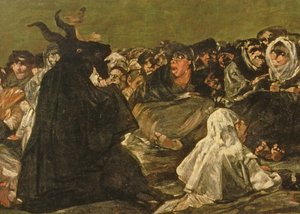 Häxans sabbat eller den stora bocken, (en av de svarta målningarna), ca 1821-23 (detalj av 38640) av Francisco de Goya