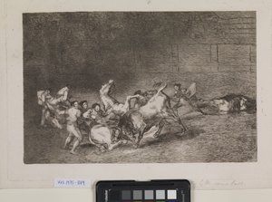 Två lag med picadorer slås en efter en omkull av en enda tjur av Francisco de Goya