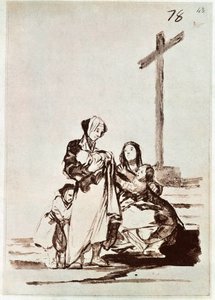 Kvinnor och barn nära ett kors (gravyr) av Francisco de Goya