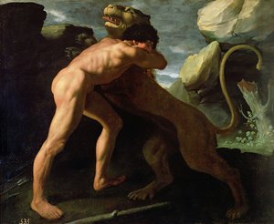 Hercules kæmper med Nemean Lion swed av Francisco de Zurbaran