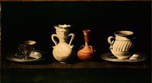Stilleben Kannor, krukor. Målning av Francisco de Zurbaran (1598-1664) 1633 Sön. 46x84 cm Madrid, Pradomuseet av Francisco de Zurbaran
