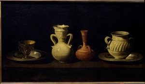 Stilleben, koppar och vaser. Målning av Francisco de Zurbaran (1598 - 1664) av Francisco de Zurbaran