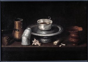 Stilleben choklad frukost av choklad kopp, koppar. Målning av Francisco de Zurbaran (1598-1664). 1600-talets Besançon, Museum of Fine Arts av Francisco de Zurbaran