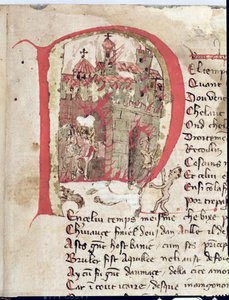 Ms Est 27 W 8.17 f.1r Historikerad initial föreställande Hunnen Attila (ca 406-453) som bränner staden Aquila från Attilakriget av Nicola da Casola av Franco Italian School