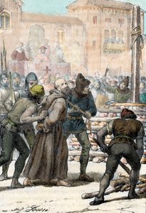 Avrättning av den italienske religiöse reformatorn Arnaldo da Brescia (Arnaud de Brescia) (1100-1155) den 18 juni 1155 (Brännandet av den italienske kanonregelmannen Arnold (Arnaldus) av Brescia juni 1155) Gravyr från "I misteri del vaticano" av Franco Mis