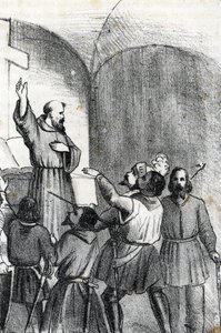 Fjärde Venedig-ottomanska kriget: kyrkan uppmanar att slå muslimer på tröskeln till sjöslaget vid Lepante som väcktes den 7 oktober 1571 i Patrasbukten, Grekland (kristen koalition dagen före slaget vid Lepanto under OttomanðVeneti av Franco Mistrali