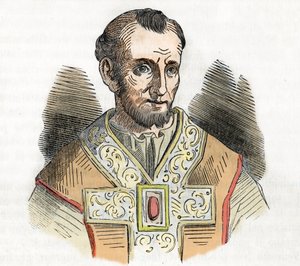 Medeltiden: representation av påven Nicholas I den store (Nicola I, Nicholas eller Nicolo eller Niccolo eller Nicolaus) (858-867) teckning från "I misteri del vaticano" av Franco Mistrali 1843