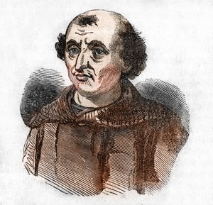 Porträtt av Arnaud de Brescia (Arnaldo da brescie) (1090 - 1155), italiensk politisk och religiös reformator (Arnold av Brescia eller arnaldus italiensk kanon reguljär från Lombardiet) Ritning från "Misteri del vaticano"" av Franco Mistrali av Franco Mistrali