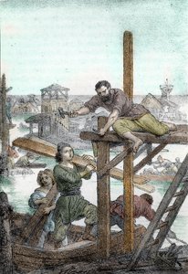 Flyktingar jagade av attilas huns installerar grunden till staden Venedig, 500-talet (Venedigs grund av flyktingarna som jagats bort av barbaren i Attila, 500-talet) Ritning från "I misteri del vaticano" av Franco Mistrali 1846