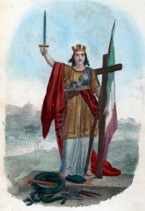 Risorgimento: Allegorisk representation av det triumferande Italien som står på den korrupta kyrkans orm och reser ett svärd med ett kors och en flagga, symboler för politiska, religiösa och civila risorgimento) Frontispice tire de "" I misteri del vatican av Franco Mistrali