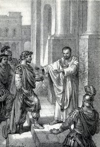 Ärkebiskopen Sankt Ambrosius av Milano (Aurelius Ambrosius, Ambrogio di Milano (340-397) förbjöd inträde av kyrkan till den romerske kejsaren Theodosius I (Flavius Theodosius) (347-395) för att straffa honom för massakern i Thessalonika 390 - Excommunicati av Franco Mistrali