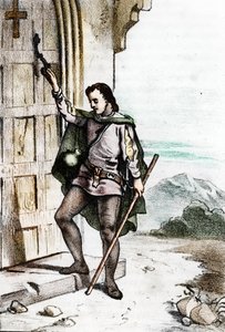Den unge Jerome Savonarole (Girolamo Savonarola) (1452-1498) knackade på dörren till det dominikanska klostret Santo Domenico i Bologna 1475 (Girolamo Savonarola som ung man knackade på dörren till klostret San Domenico, av Orden av San Domenico). Bröder av Franco Mistrali