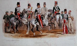 Franska kavallerister under andra kejsardömet (färglitografi) av Francois-Hippolyte (after) Lalaisse