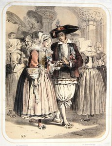 Brud och brudgum från regionen Saille, Frankrike, ca 1850 (färg litho)