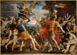 Aeneas och hans följeslagare kämpar mot harpyorna ... av Francois (1590 1650) (after) Perrier