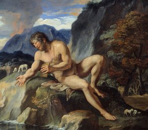 Polypheme Cyclops med en Pan-flöjt, detalj av "" Acis and Galatee""" Nymfen Galatee och Acis, observeras av Cyclops Polyphee, avundsjuk på sin idylliska kärlek. Enligt Ovidius "Metamorphoses". Målning av Francois Perrier (1590-1650) 1600-talet