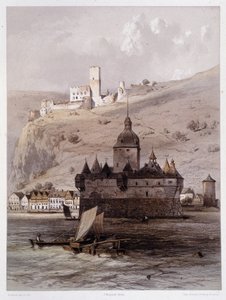 Chateau a Pfalz, Tyskland. I "" Den monumentala och pittoreska Rhen"". Litografier av Fourmais och Stroobant