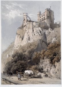 Chateau Rheinstein. I "" Den monumentala och pittoreska Rhen"". Litografier av Fourmais och Stroobant