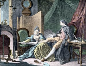 La Courtesan amoureuse: Kvinna som tar bort botten av en man - gravyr av ap. slaktare