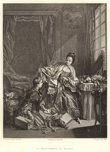 The Fashion Merchant (gravyr) av Francois (after) Boucher
