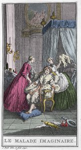 Den imaginära patienten. Teaterstycke av Jean Baptiste Poquelin dit Moliere (1622-1673). Gravyr i "The imaginary patient" av T. de Mare efter Boucher.