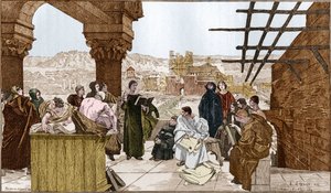 Pierre Abelard eller Abailard (1079-1142), fransk filosof och teolog och hans skola på berget Sainte Genevieve. Från fresken av Francois Flameng.