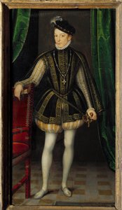 Porträtt till fots av Karl IX (1550 - 1574). Målning av Francois Clouets verkstad (1515-1572)