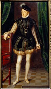 Porträtt till fots av Karl IX (1550 - 1574) kung av Frankrike. Målning av Francois Clouets verkstad (1515-1572)