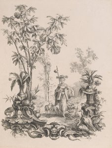 Ung kinesisk flicka går, omgiven av sina får, ca.1740-50.