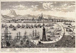 Utsikt över staden och hamnen i Barcelona på 1700-talet. Gravyr av Francois Antoine Aveline Barcelona, Museu d