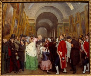 Fyra timmar vid salongens stängning av den årliga målningsutställningen i Grande Galerie du Louvren. Målning av Francois Auguste Biard (1798-1882) 1847 Sön. 0,57x0,67 m
