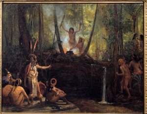 Tillverkning av curare i bresiliska skogen Utvinning av curare, ett ämne som tagits från vinstockar från Amazonas träd som orsakar förlamning. Målning av Francois Auguste Biard (1799-1882) 1800-talets La Rochelle, Musee du Nouveau Monde