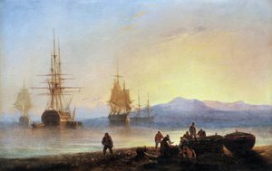 Systrar och skepp i Medelhavet. Målning av Francois Pierre BARRY (1813-1905). Olja på duk. Mått: 29,5x46cm. Obligatoriskt omnämnande: Collection fondation regards de Provence, Marseille