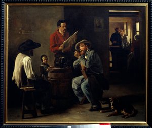 Cabaretinteriör Två män som sitter på en krog lyssnar på läsningen av tidningen. Målning av Francois Bonvin (1817-1887) 1859 Arras, Musee des Beaux Arts. av François Bonvin