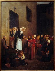 Välgörenhet. Nunnor delar ut mat till de fattiga på gatan. Målning av Francois Bonvin (1817-1887)